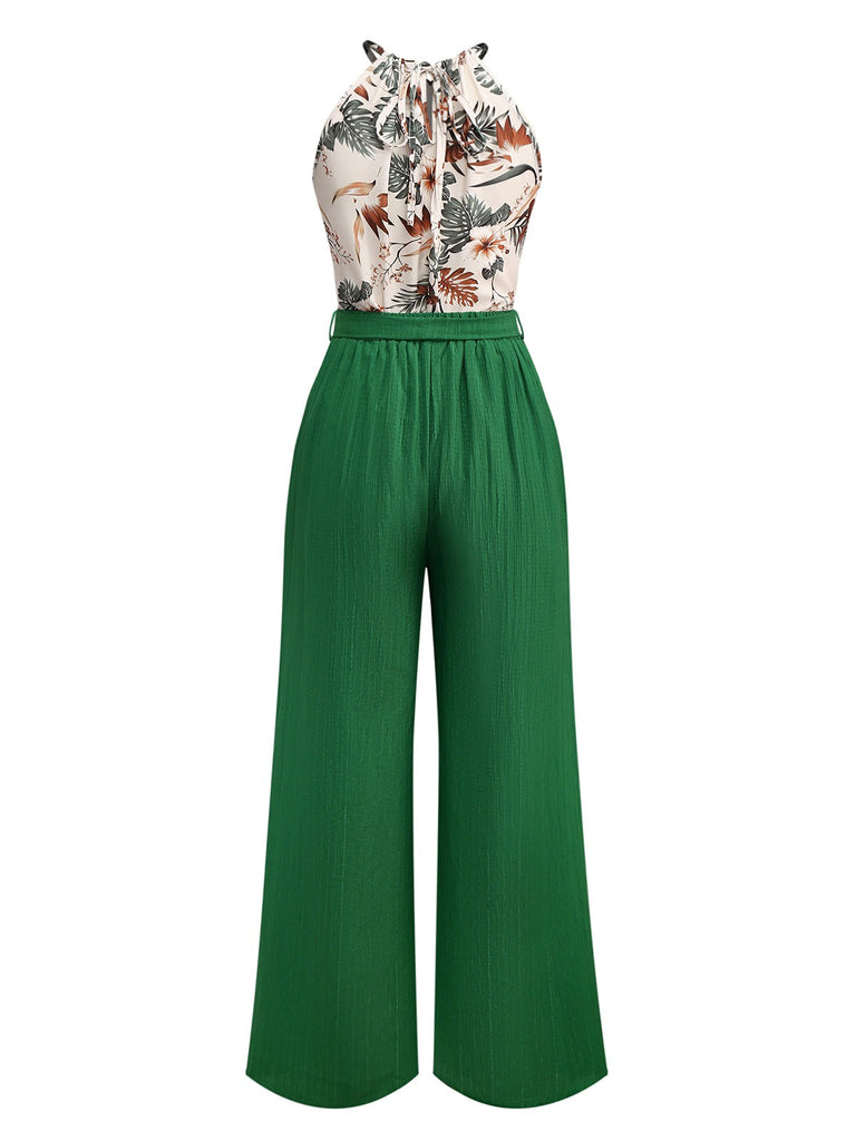 2PCS Top con piante tropicali e pantaloni testurizzati verde anni '50