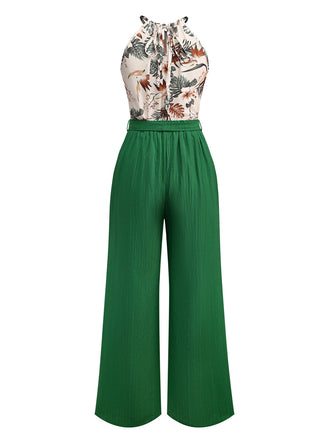 2PCS Top con piante tropicali e pantaloni testurizzati verde anni '50