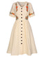 [Taglia Forti] Abito floreale in puro cotone beige anni '40
