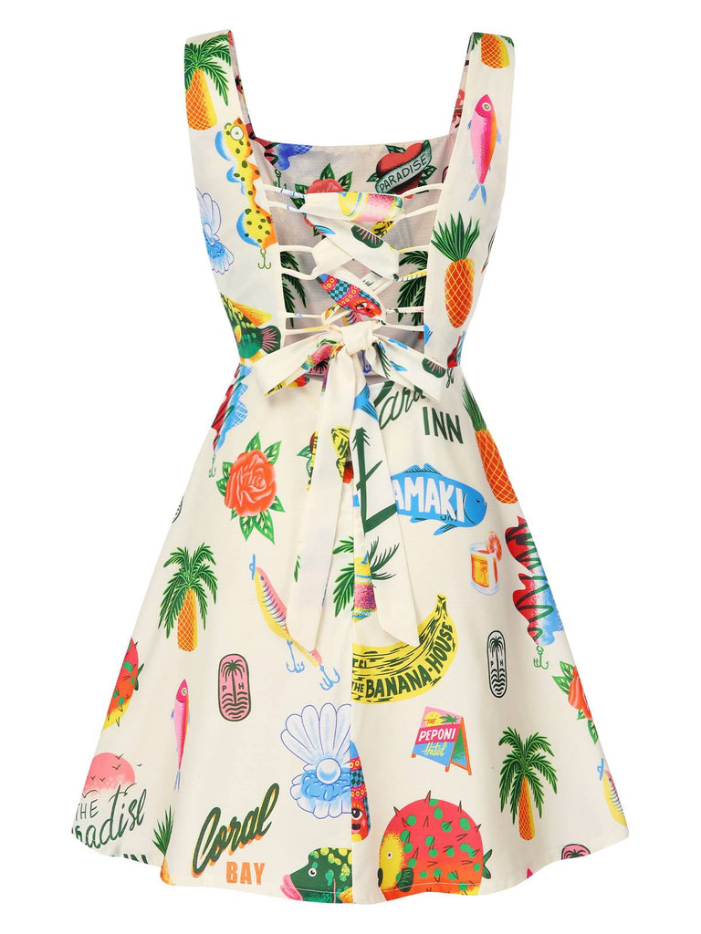 Abito frutta tropicali spalline larghe multicolore anni '60