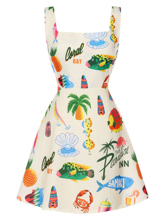 Abito frutta tropicali spalline larghe multicolore anni '60
