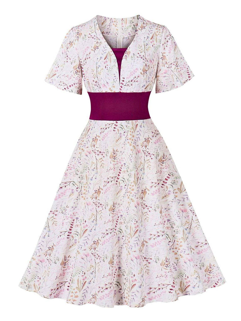 Abito floreale con maniche a campana rosa anni '50