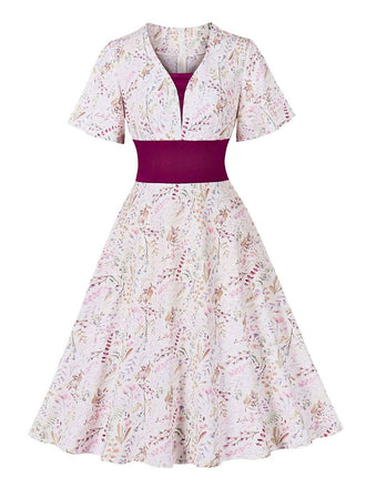 Abito floreale con maniche a campana rosa anni '50