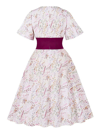 Abito floreale con maniche a campana rosa anni '50