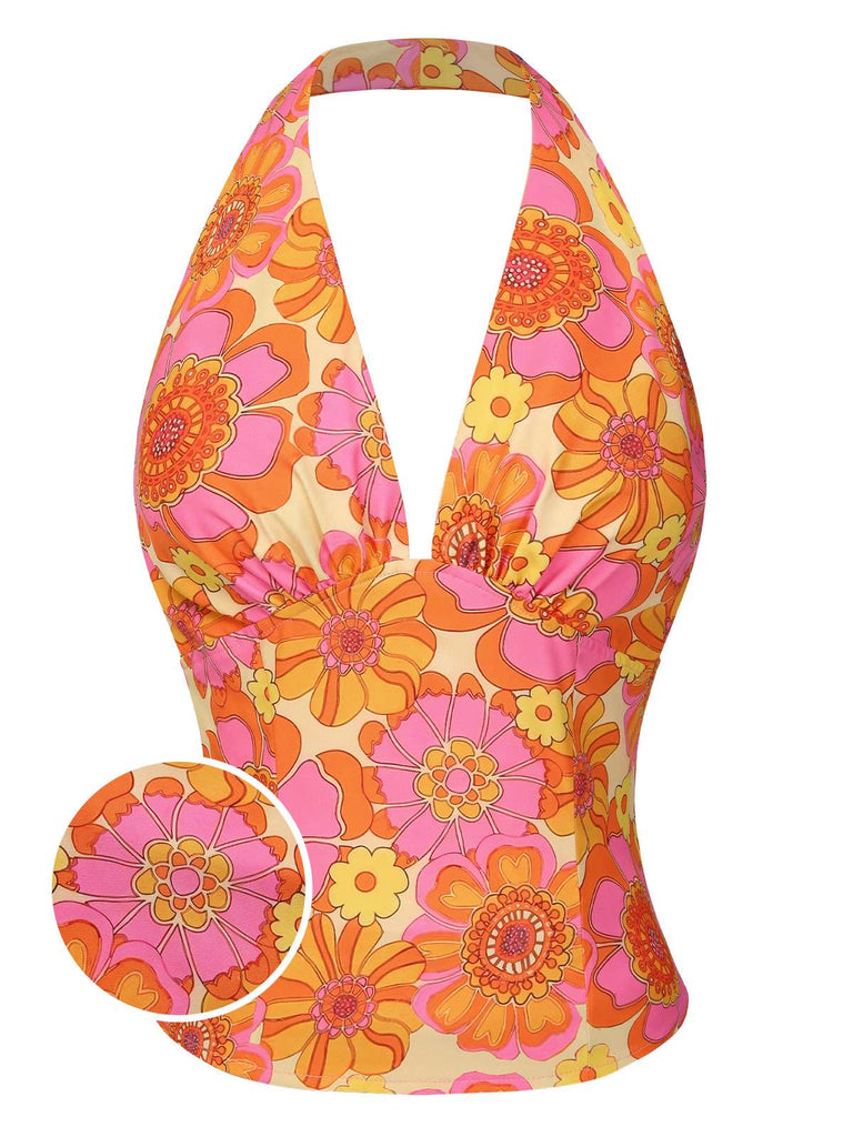 Top floreale hippie scollo all'americana arancione anni '60