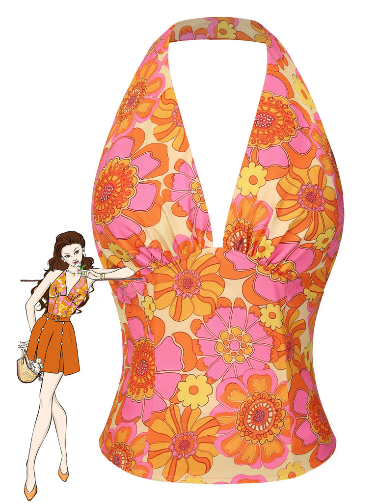 Top floreale hippie scollo all'americana arancione anni '60