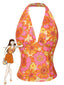 Top floreale hippie scollo all'americana arancione anni '60