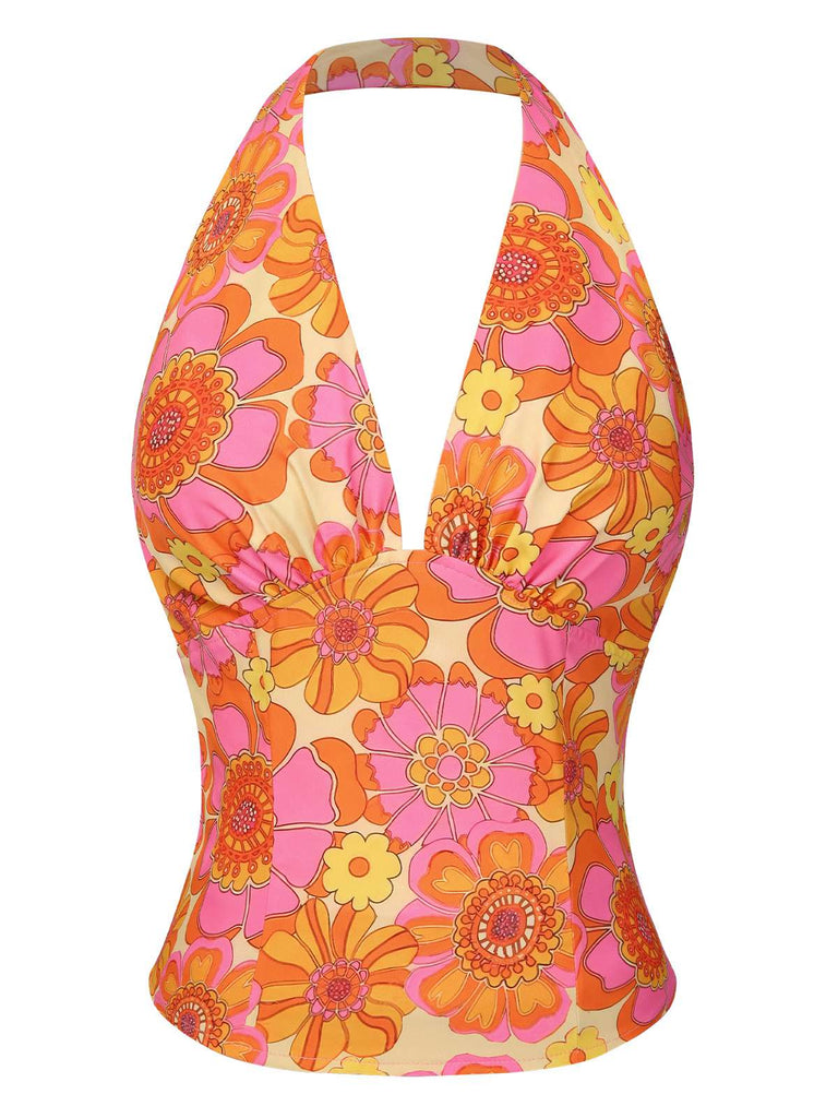 Top floreale hippie scollo all'americana arancione anni '60
