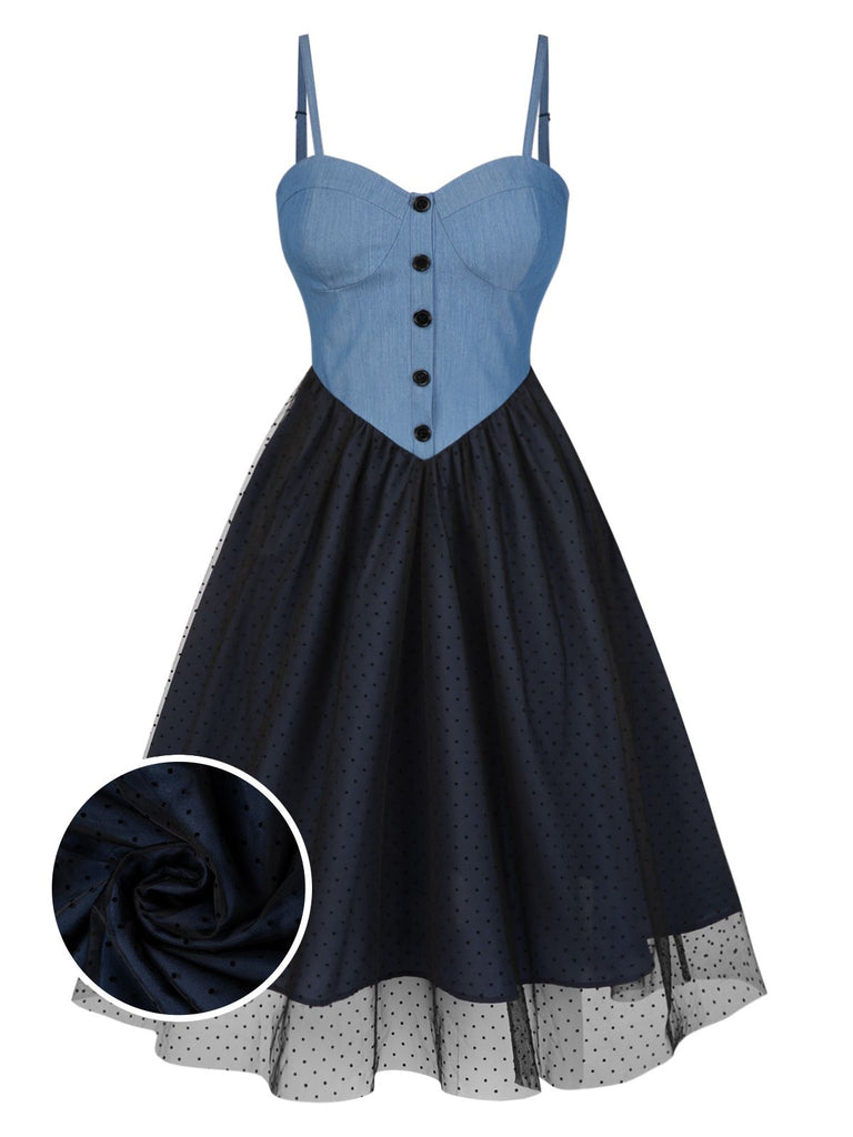 Abito in denim a pois e rete patchwork blu anni '50