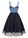 Abito in denim a pois e rete patchwork blu anni '50