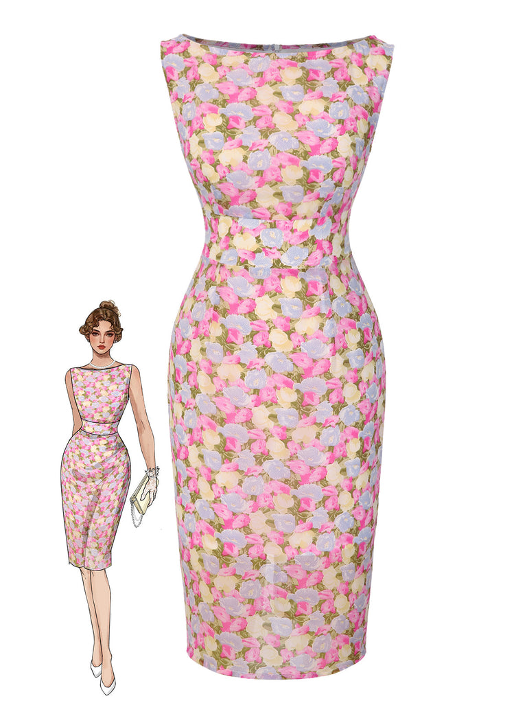 Abito aderente floreale rosa anni '60