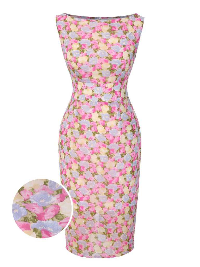 Abito aderente floreale rosa anni '60