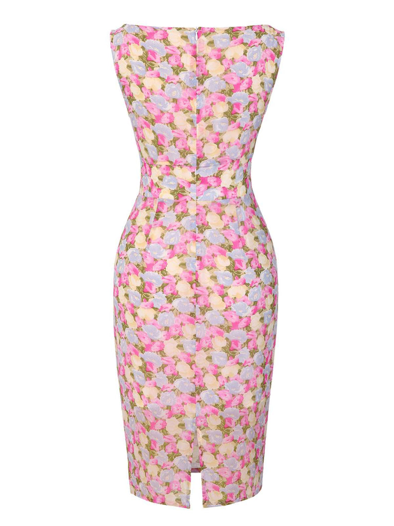Abito aderente floreale rosa anni '60