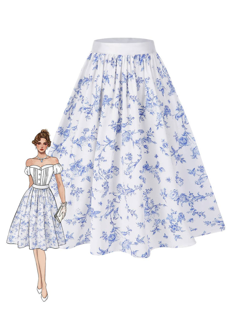 Gonna floreale in porcellana blu e bianco anni '50