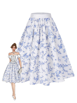 Gonna floreale in porcellana blu e bianco anni '50