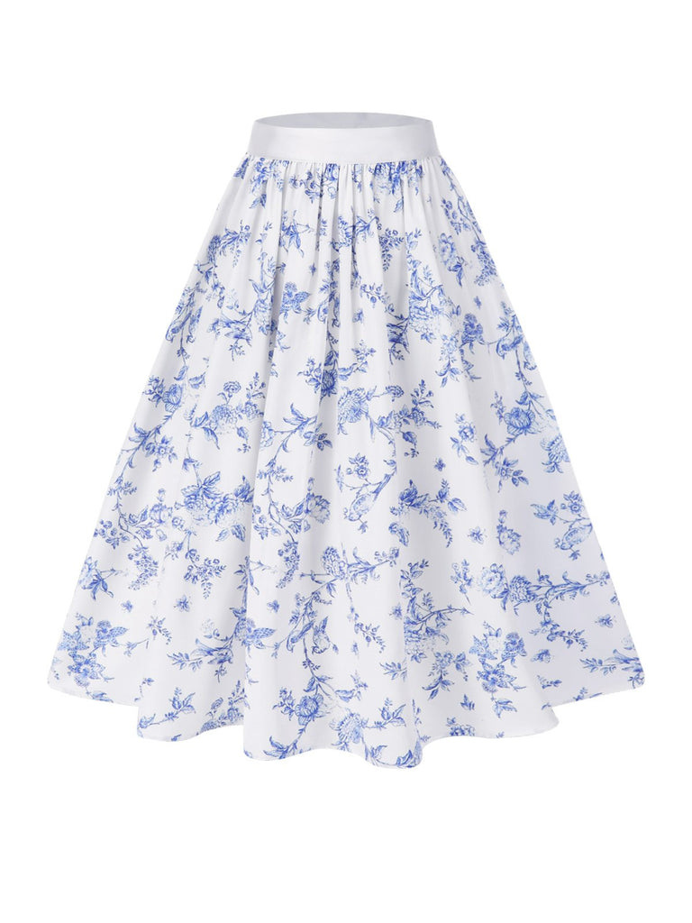 Gonna floreale in porcellana blu e bianco anni '50