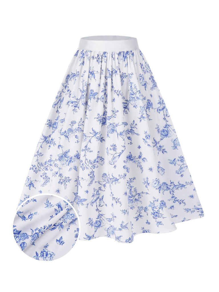 Gonna floreale in porcellana blu e bianco anni '50
