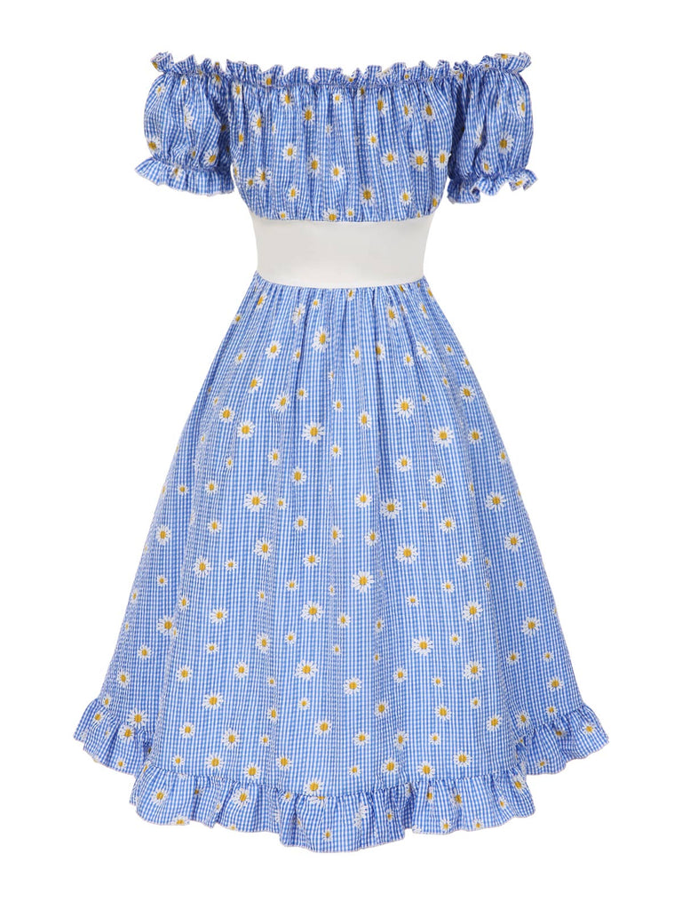 Abito a margherita plaid spalle scoperte blu anni '50
