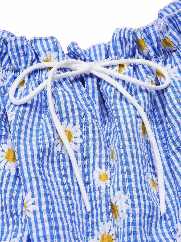 Abito a margherita plaid spalle scoperte blu anni '50