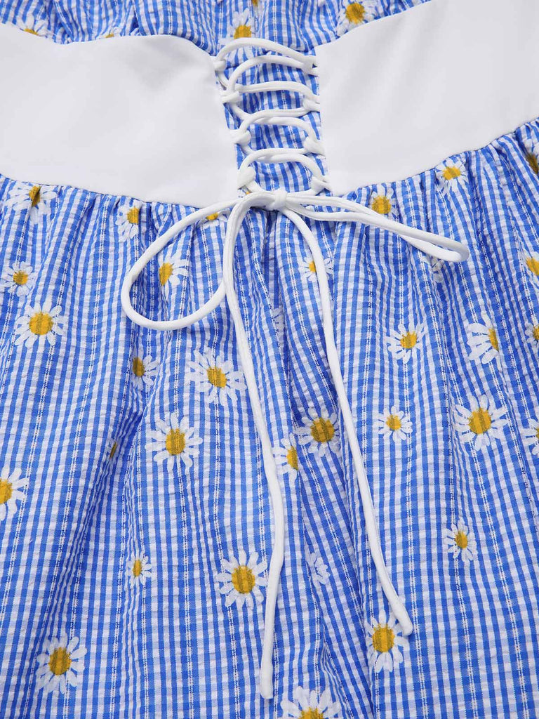 Abito a margherita plaid spalle scoperte blu anni '50