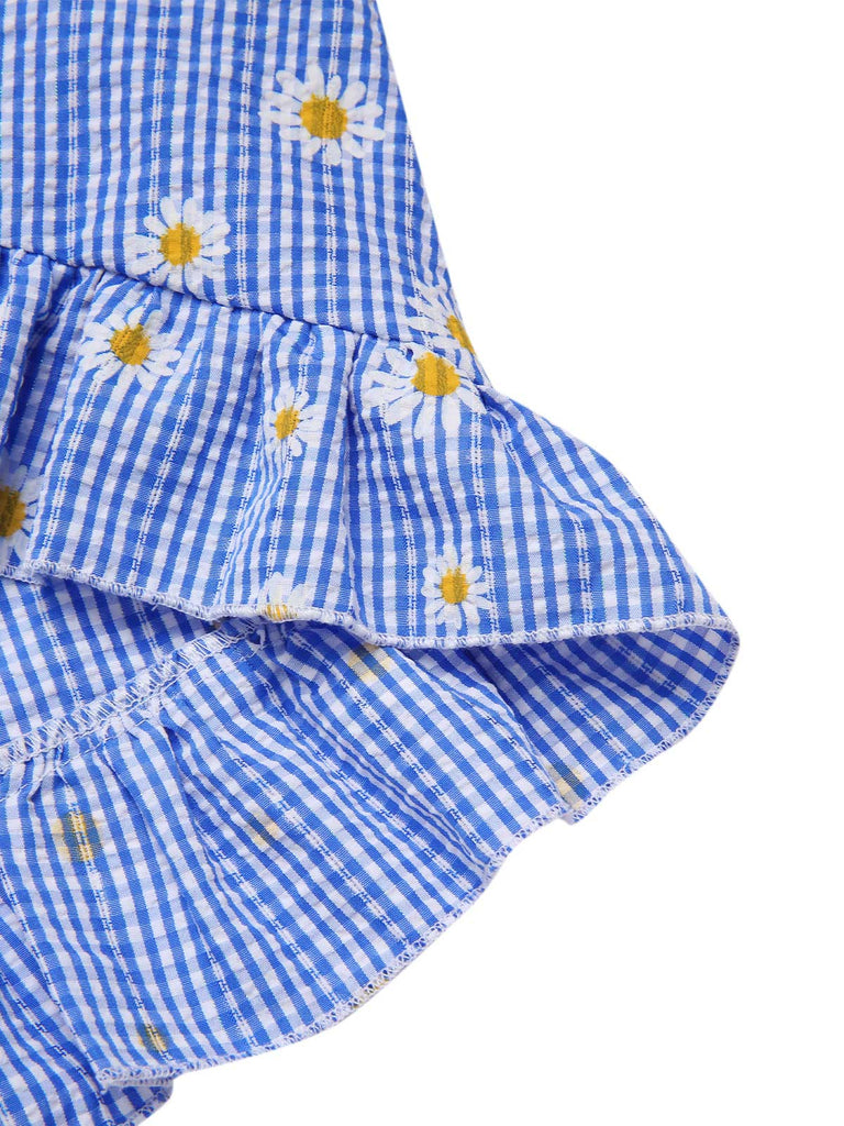 Abito a margherita plaid spalle scoperte blu anni '50