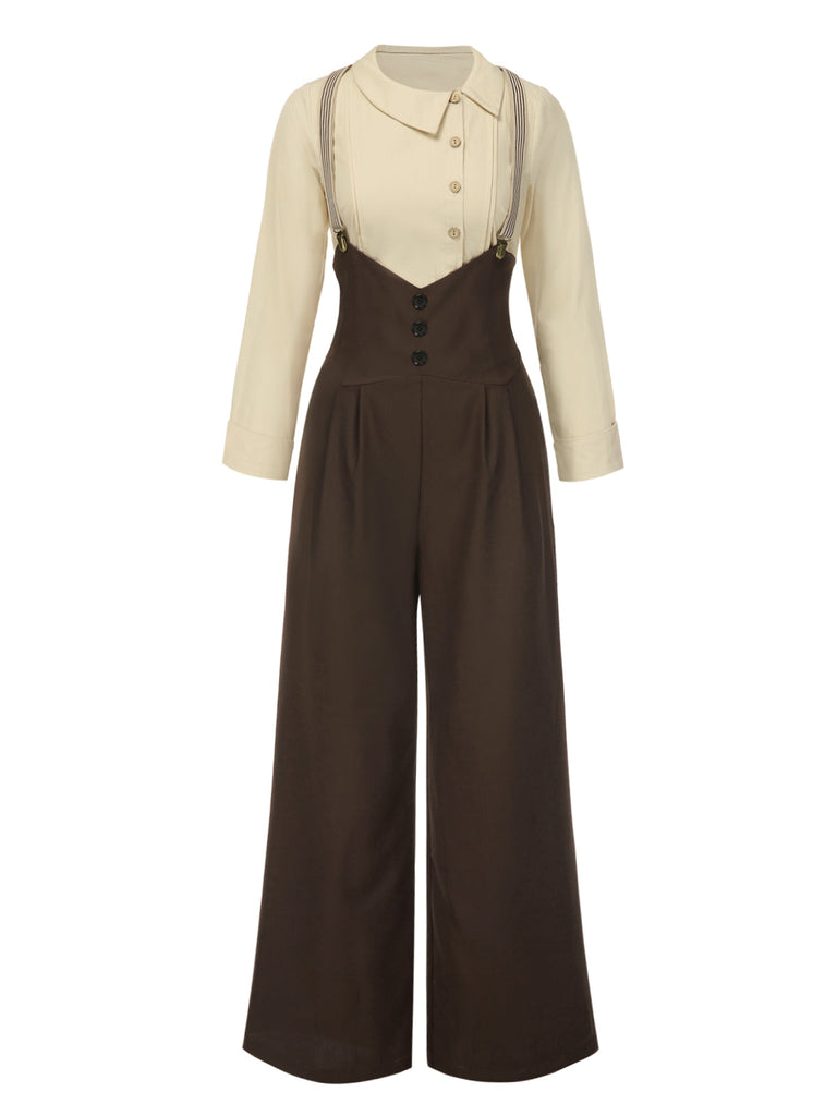 2PCS Camicetta in cotone e pantaloni con bretelle anni '30