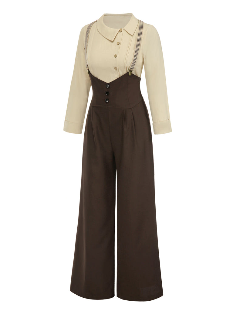 2PCS Camicetta in cotone e pantaloni con bretelle anni '30