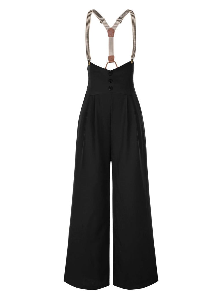Pantaloni con bretelle e bottoni marrone scuro anni '50
