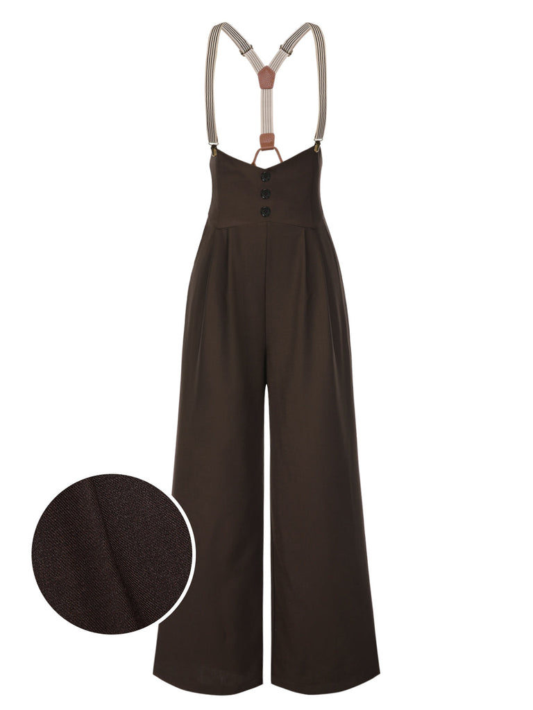 Pantaloni con bretelle e bottoni marrone scuro anni '50