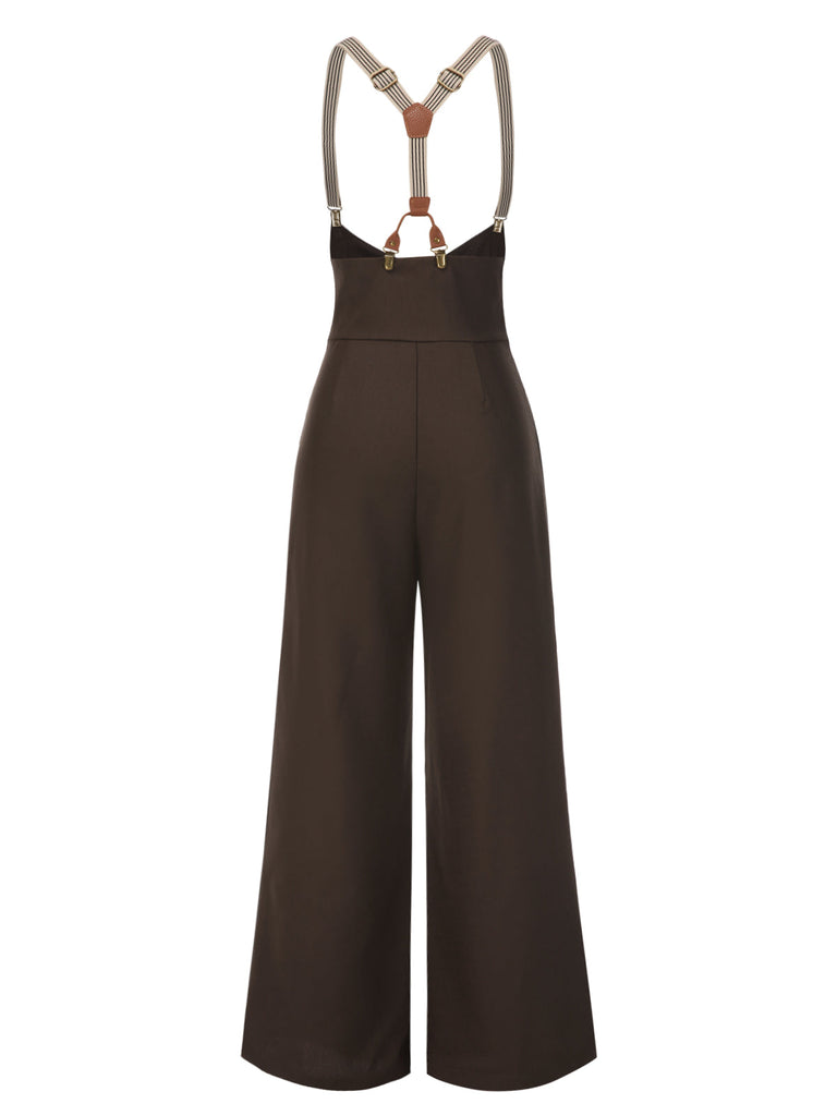 Pantaloni con bretelle e bottoni marrone scuro anni '50