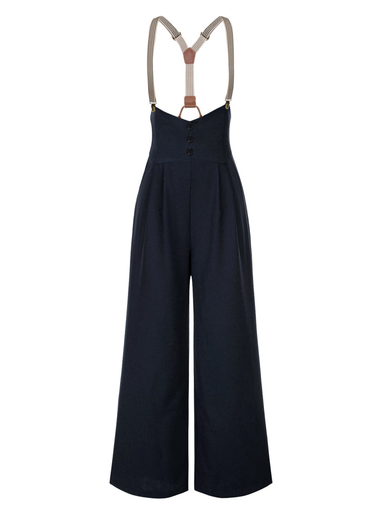 Pantaloni con bretelle e bottoni marrone scuro anni '50