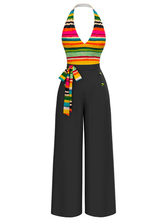 Tuta lunga a righe con fiocco multicolore anni '70