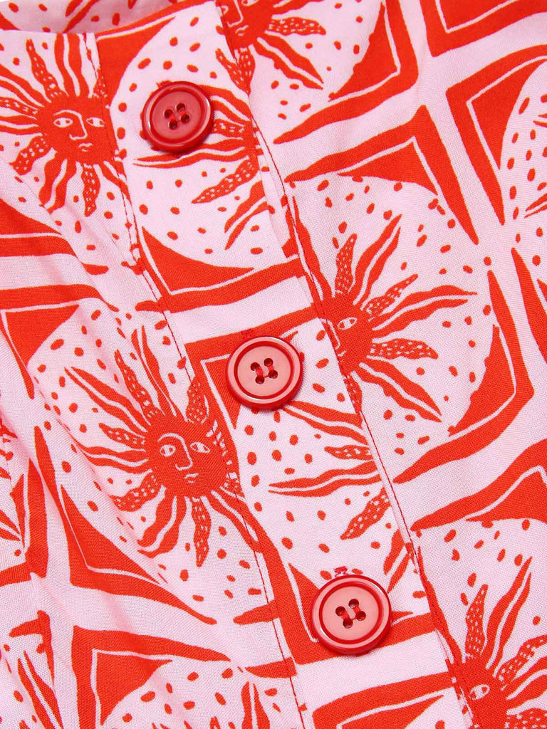 Tuta corta stampa boho sole con bottoni rosa anni '70