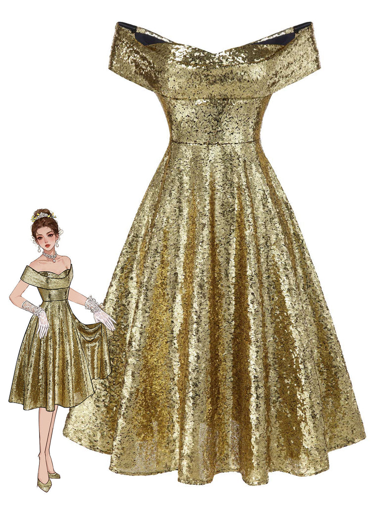 Abito a ruota con paillettes e spalle scoperte oro anni '50