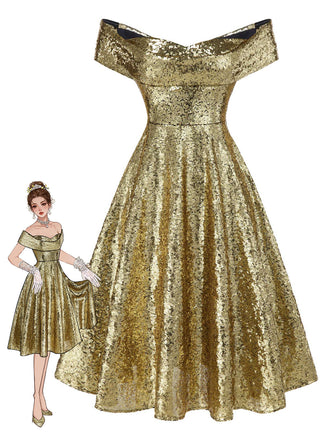 Abito a ruota con paillettes e spalle scoperte oro anni '50