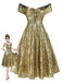 Abito a ruota con paillettes e spalle scoperte oro anni '50