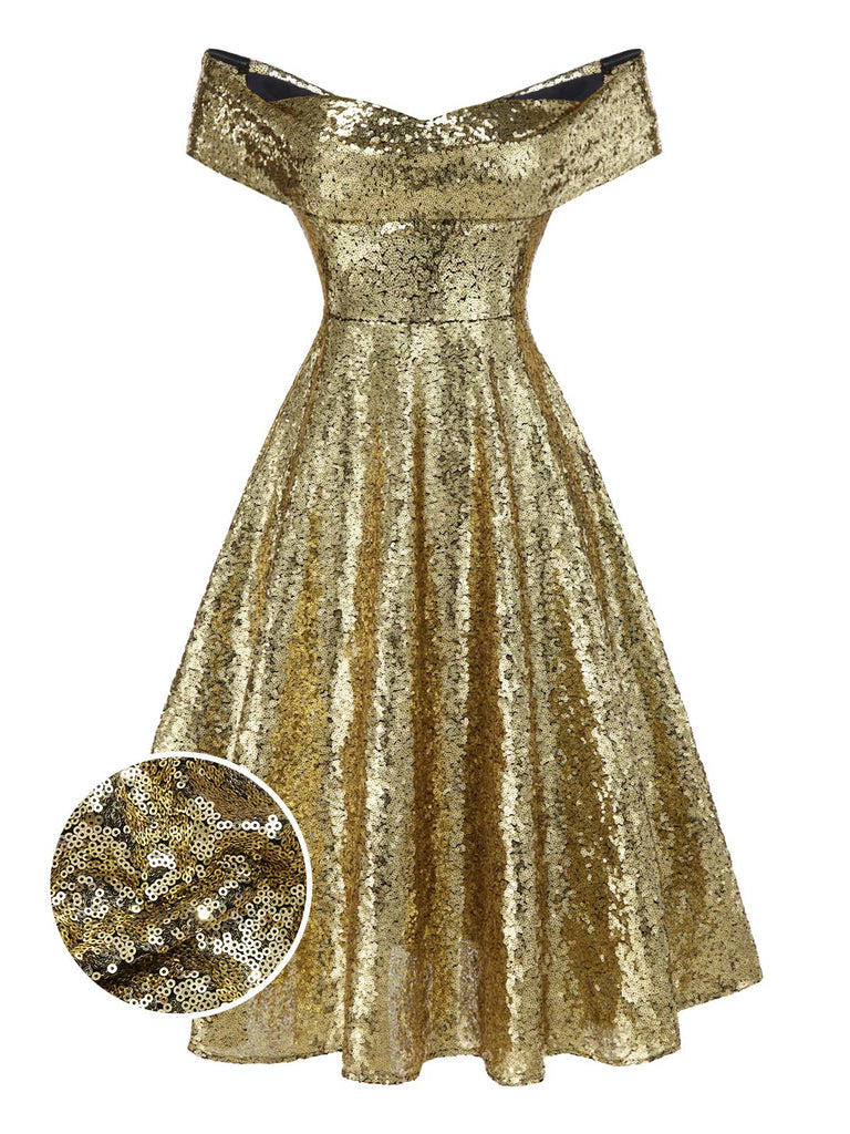 Abito a ruota con paillettes e spalle scoperte oro anni '50