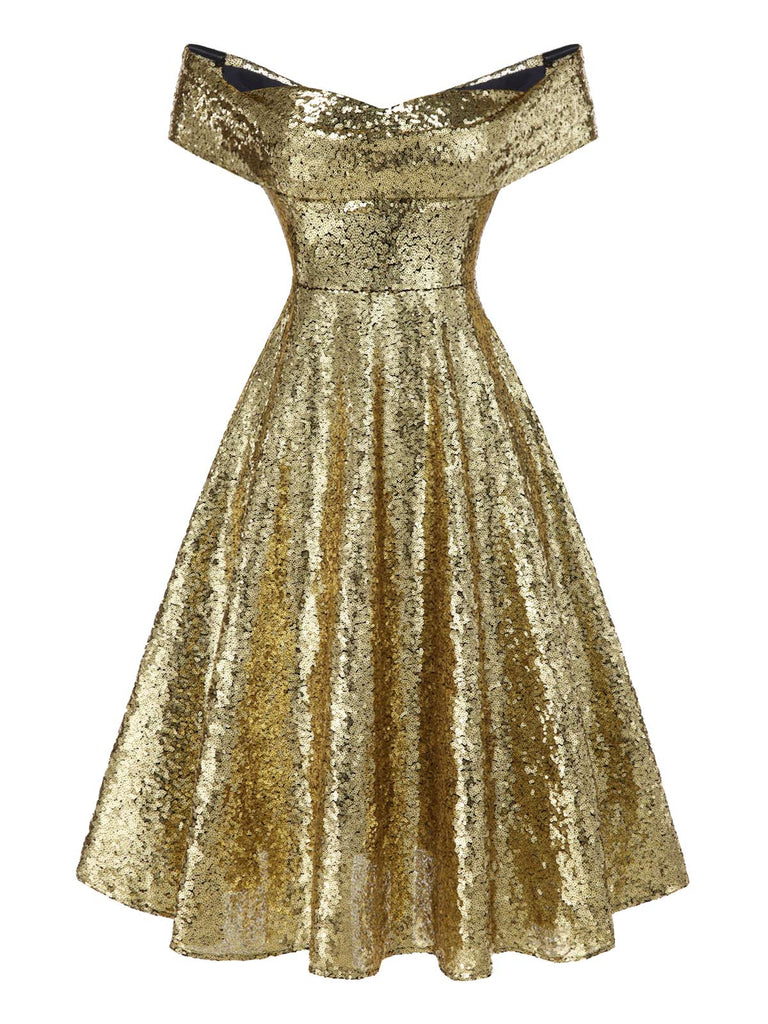 Abito a ruota con paillettes e spalle scoperte oro anni '50
