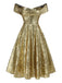 Abito a ruota con paillettes e spalle scoperte oro anni '50