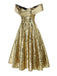 Abito a ruota con paillettes e spalle scoperte oro anni '50