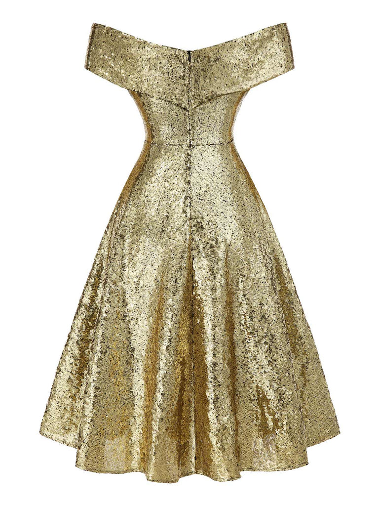 Abito a ruota con paillettes e spalle scoperte oro anni '50