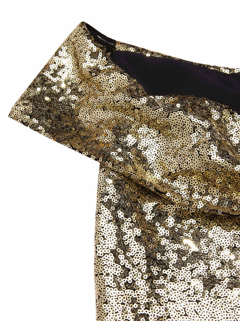 Abito a ruota con paillettes e spalle scoperte oro anni '50