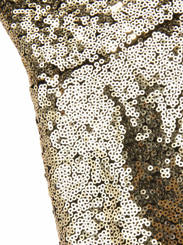 Abito a ruota con paillettes e spalle scoperte oro anni '50