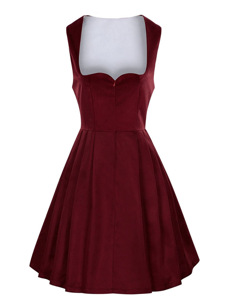 2PCS Abito e grembiule in velluto floreale etnico bordeaux anni '50