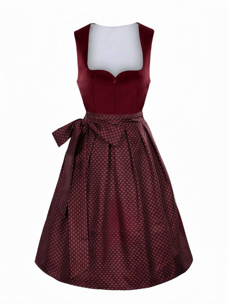 2PCS Abito e grembiule in velluto floreale etnico bordeaux anni '50