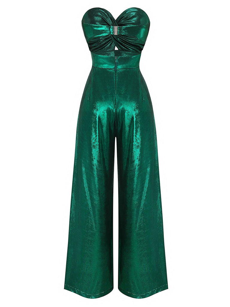 Tuta lunga lucida plissettato e ritagli verde anni '70