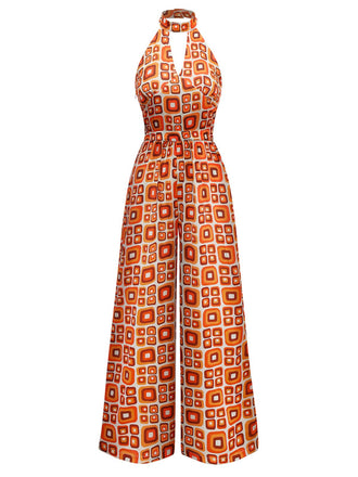Tuta lunga hippie geometrica arancione anni '60