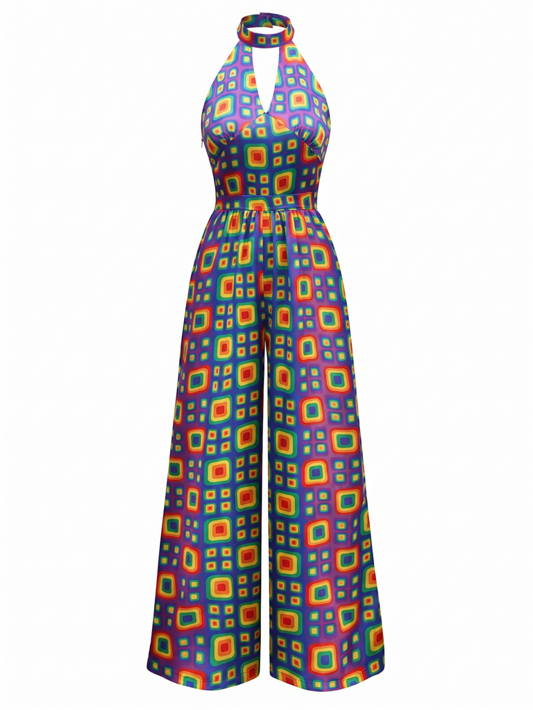 Tuta lunga hippie geometrica arancione anni '60