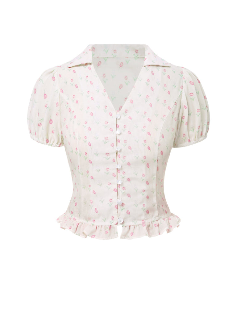 Camicetta a tulipano e revers a balze rosa anni '40