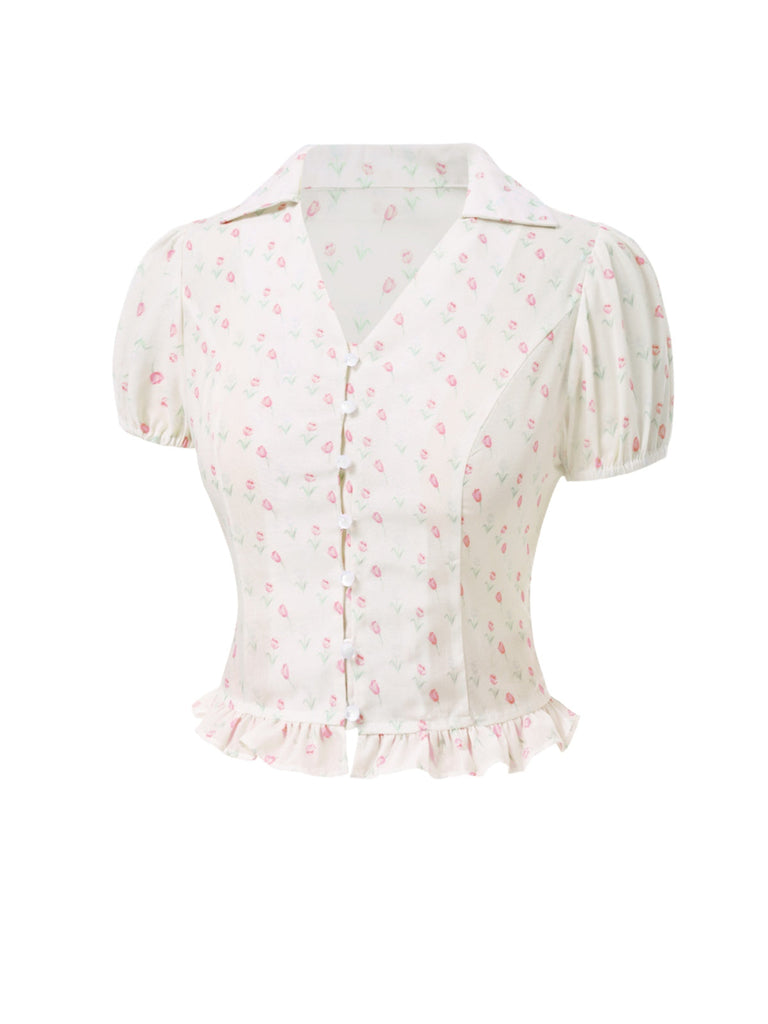 Camicetta a tulipano e revers a balze rosa anni '40